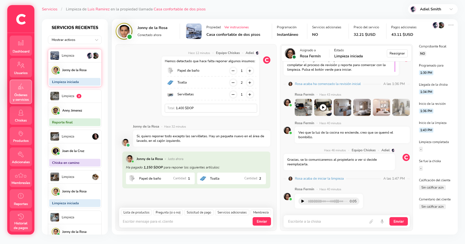 Panel administrativo: detalles del servicio y chat